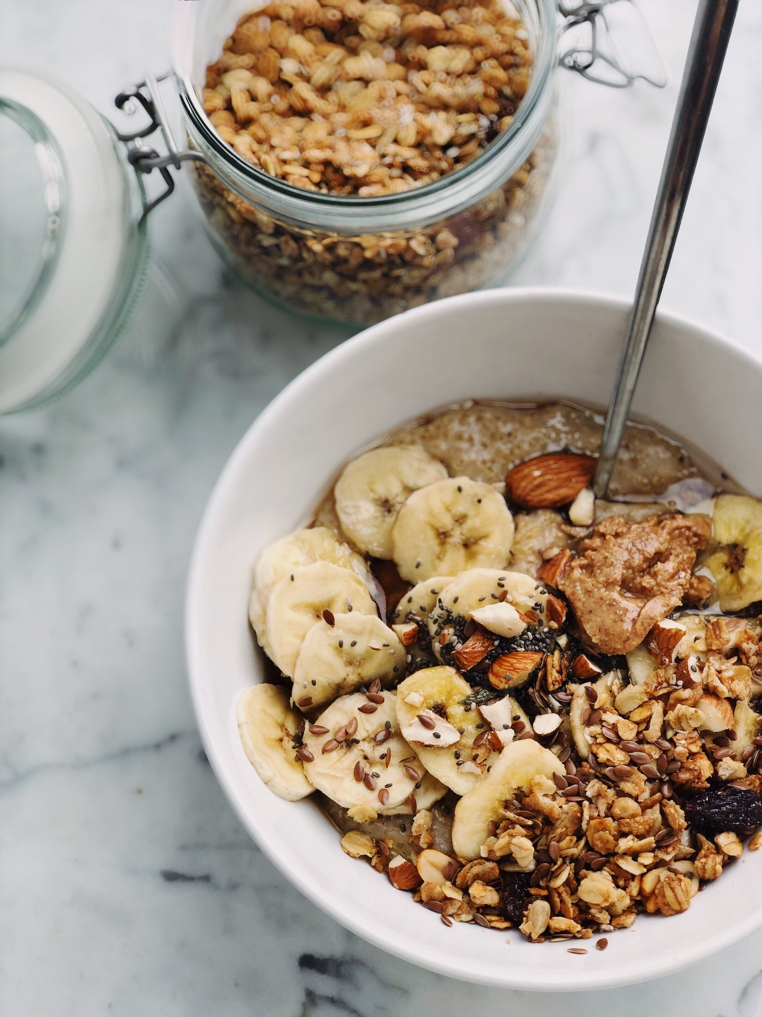 Pecan and maple sugar oatmeal served with sliced bananas on top.